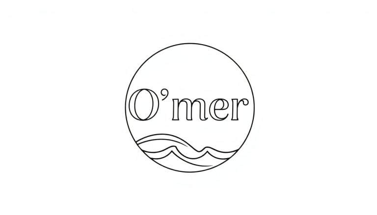 Zwart-wit logo van O'mer met golven, geschikt als kleurplaat.