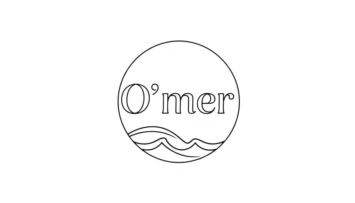 Zwart-wit logo van O'mer met golven, geschikt als kleurplaat.