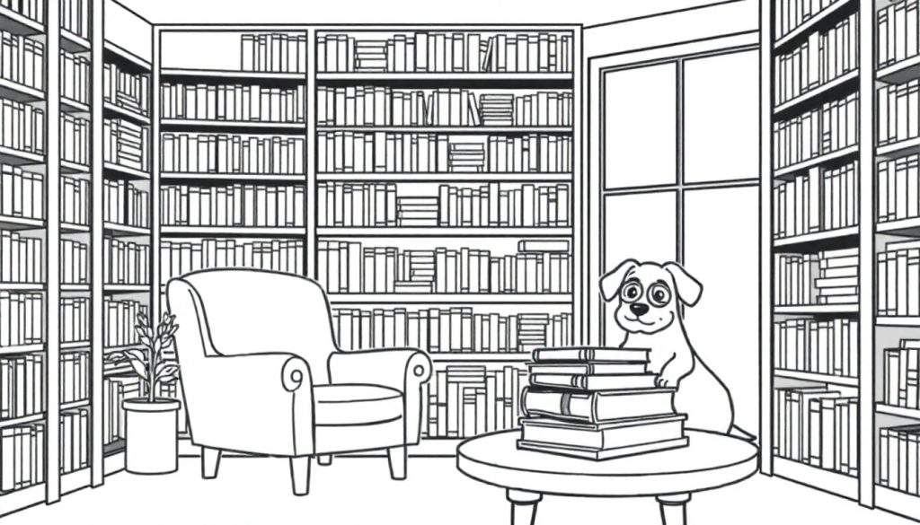Een zwart-wit tekening van een hond bij een stapel boeken in een bibliotheek, klaar om ingekleurd te worden.