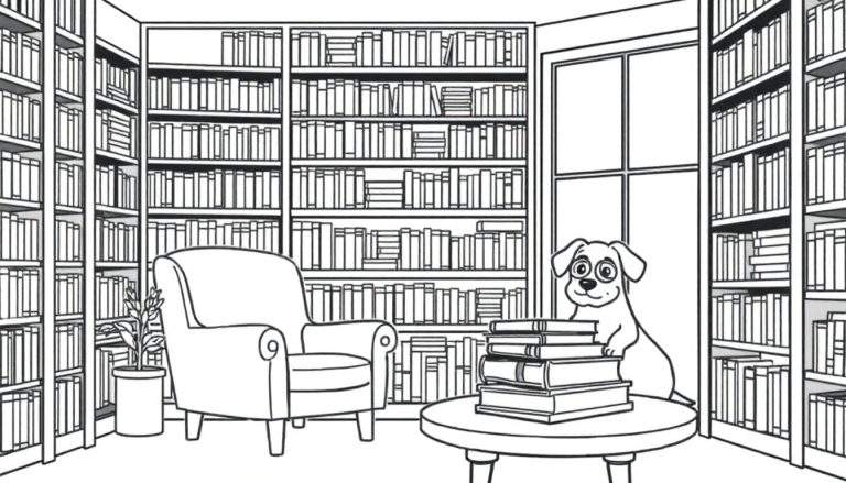 Een zwart-wit tekening van een hond bij een stapel boeken in een bibliotheek, klaar om ingekleurd te worden.