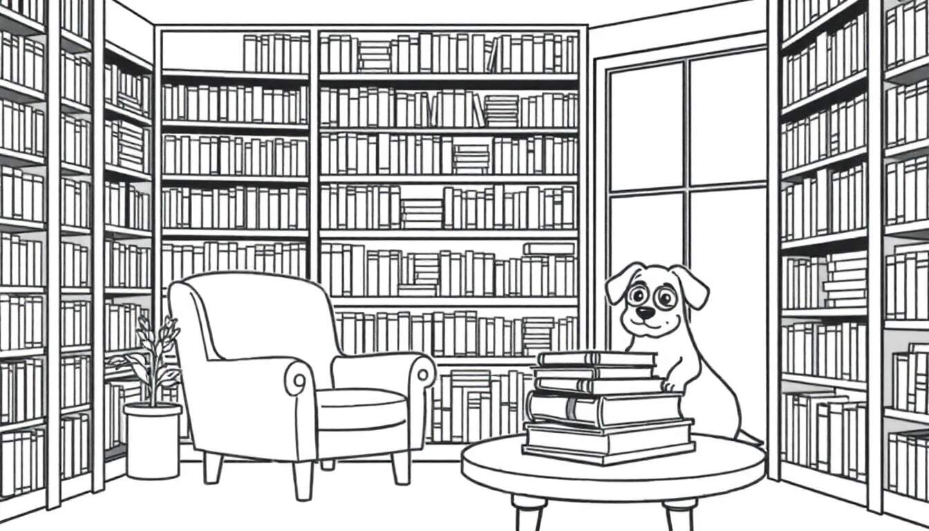 Een zwart-wit tekening van een hond bij een stapel boeken in een bibliotheek, klaar om ingekleurd te worden.
