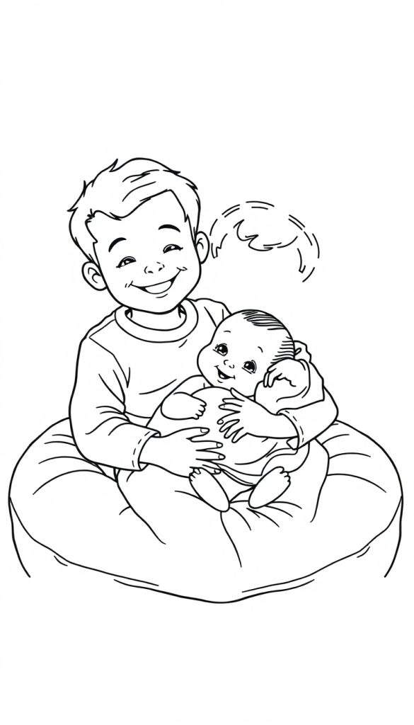 Zwart-wit kleurplaat van een glimlachende jongen die een baby vasthoudt op een grote kussenzak.