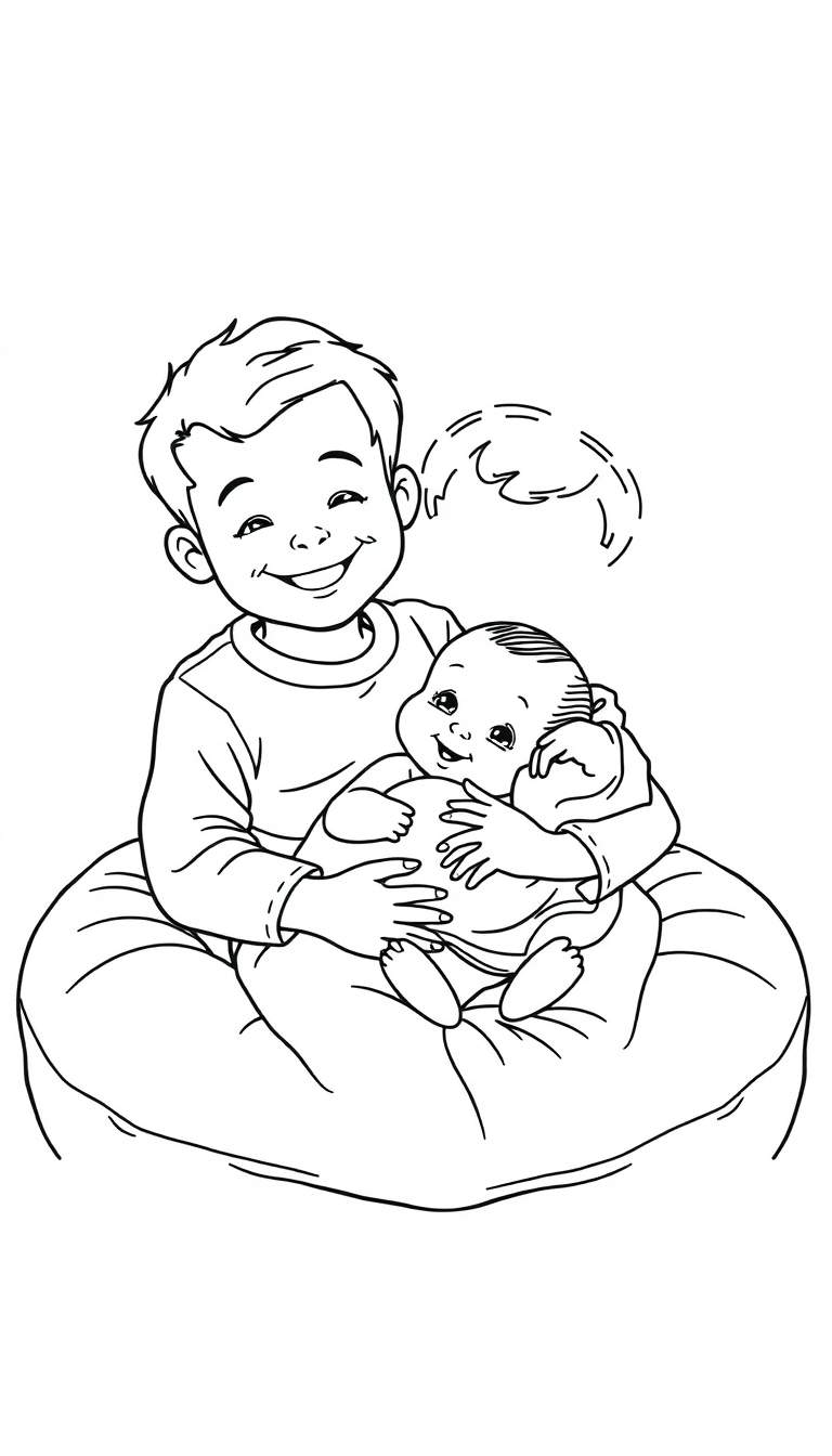 Zwart-wit kleurplaat van een glimlachende jongen die een baby vasthoudt op een grote kussenzak.