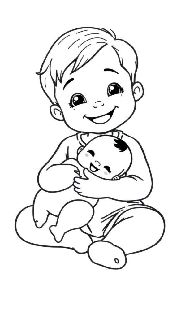 Kleurplaat: Een jong kind met een baby, beide met grote glimlachen.