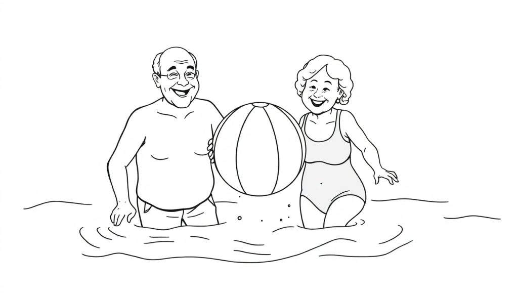 Kleurplaat van een oudere man en vrouw die in het water staan met een strandbal.