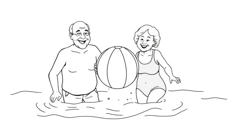 Kleurplaat van een oudere man en vrouw die in het water staan met een strandbal.