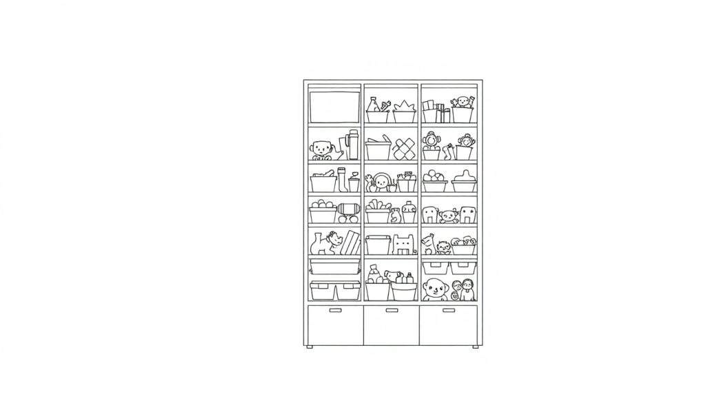 Een hoge, smalle speelgoedkast vol met kleurrijke bakken, netjes opgeruimd.