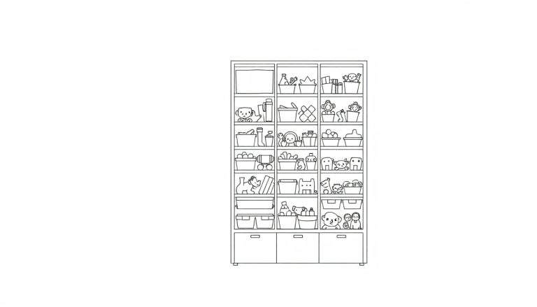 Een hoge, smalle speelgoedkast vol met kleurrijke bakken, netjes opgeruimd.