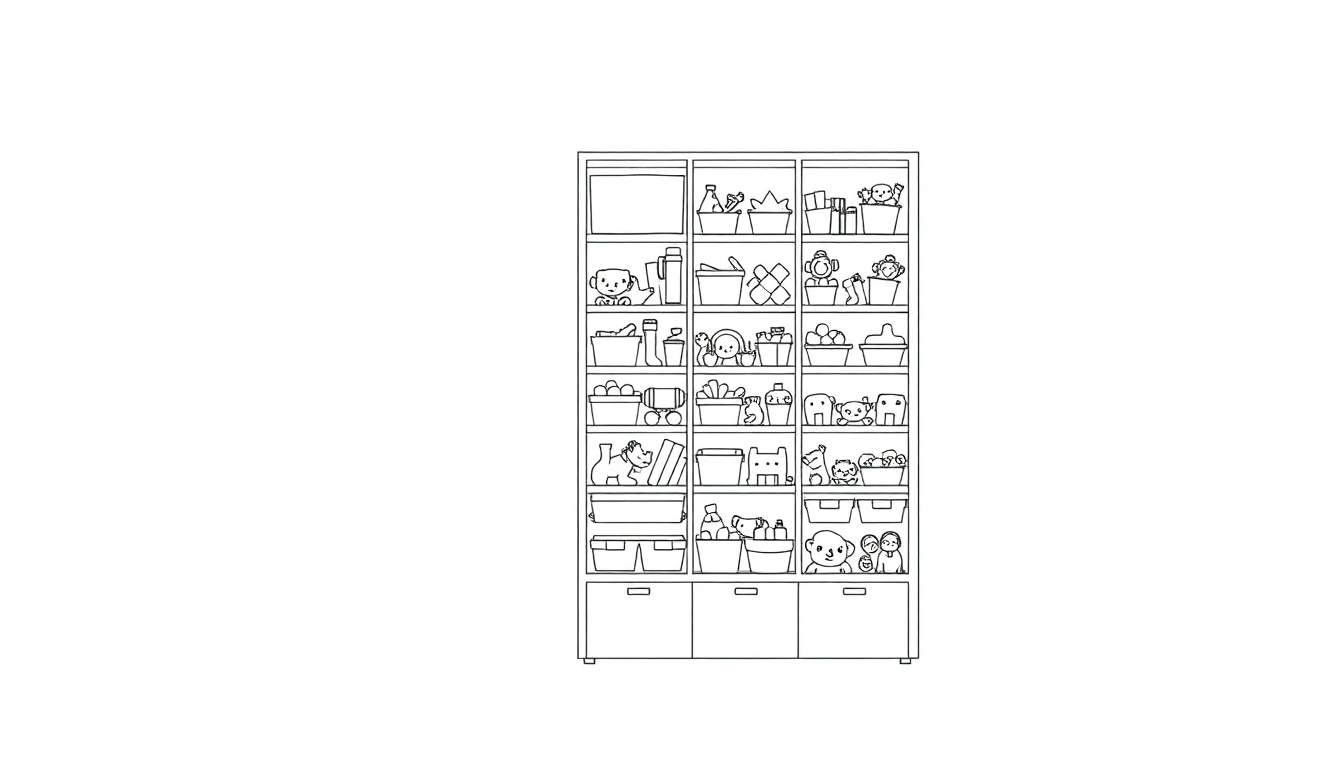 Een hoge, smalle speelgoedkast vol met kleurrijke bakken, netjes opgeruimd.