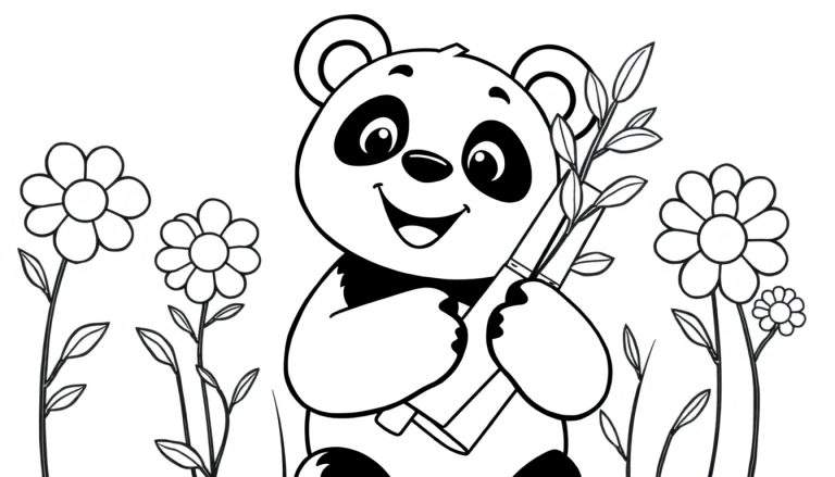 Kleurplaat van een schattige panda met bamboe tussen bloemen.