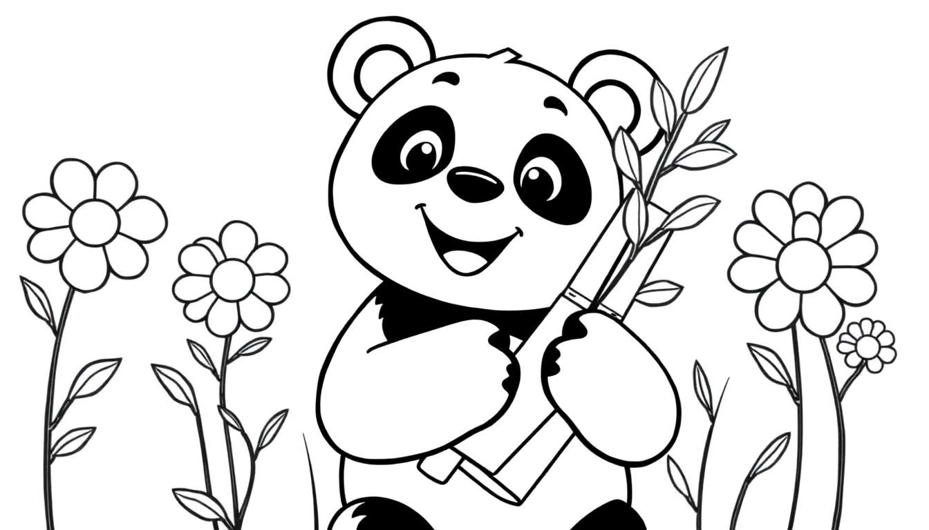 Kleurplaat van een schattige panda met bamboe tussen bloemen.