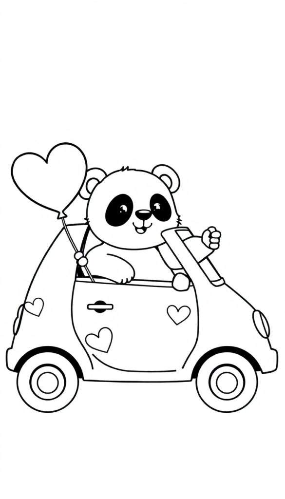 Kleurplaat van een blije panda in een auto met hartjesballon.