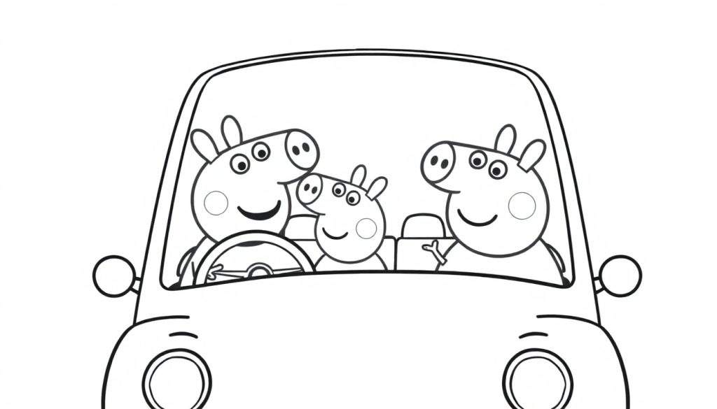 Peppa Pig en familie in de auto, kleurplaat