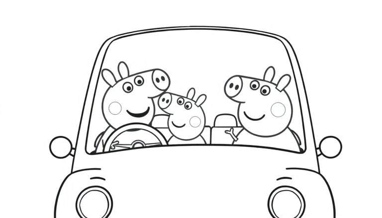 Peppa Pig en familie in de auto, kleurplaat