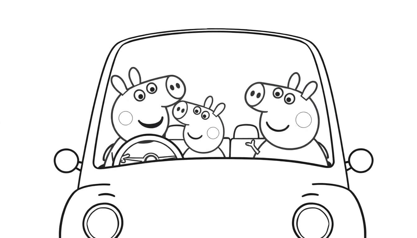 Peppa Pig en familie in de auto, kleurplaat