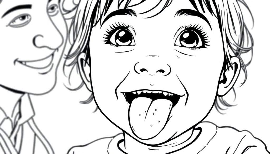 Kleurplaat van een peutermeisje dat haar tong uitsteekt, met een dokter ernaast, beiden met krullend haar.