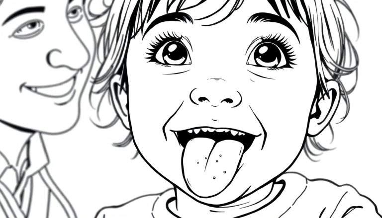 Kleurplaat van een peutermeisje dat haar tong uitsteekt, met een dokter ernaast, beiden met krullend haar.