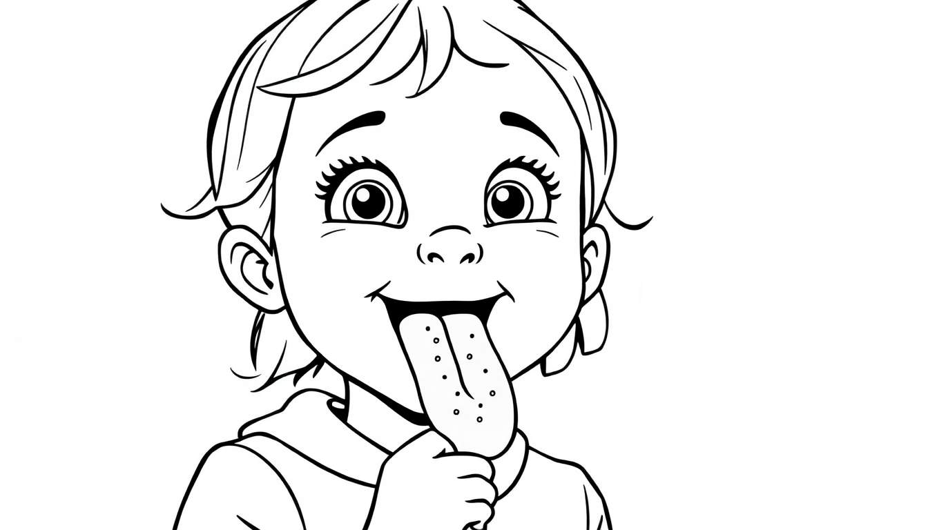 Zwart-wit kleurplaat van een peutermeisje dat haar tong uitsteekt met stippen, klaar voor de dokter.