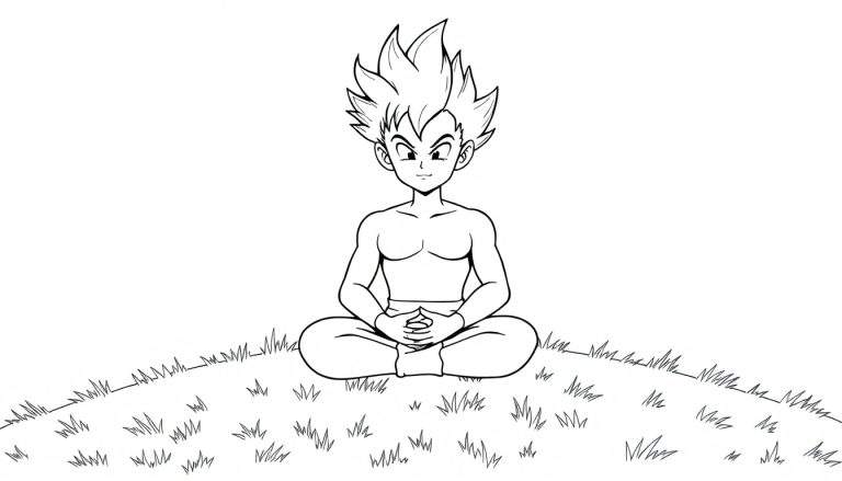 Kleurplaat van Picolo die mediteert op een grasveld.