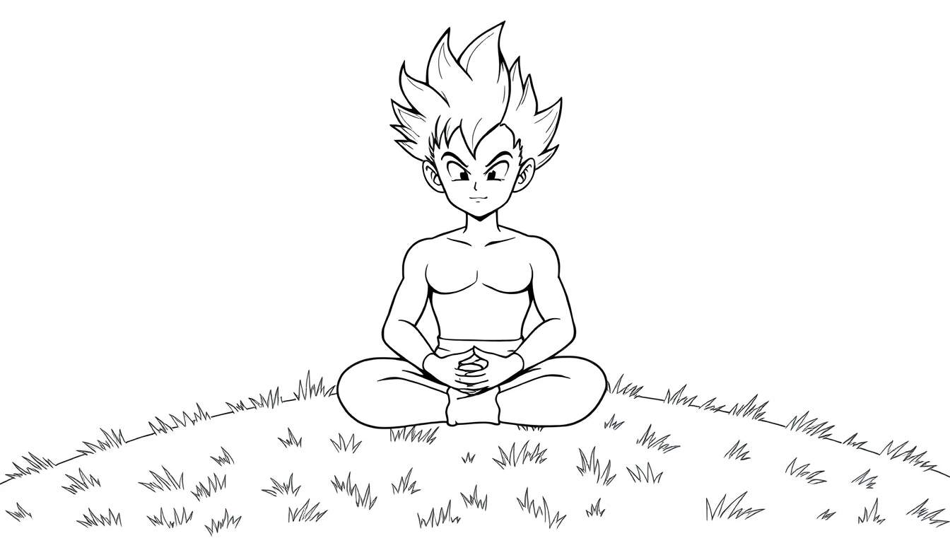 Kleurplaat van Picolo die mediteert op een grasveld.