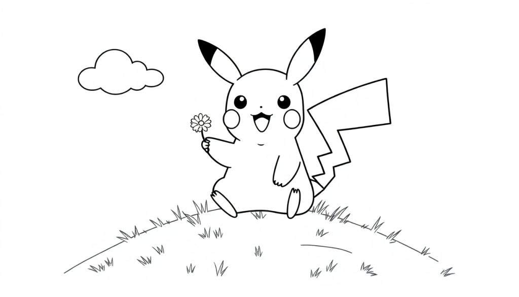 Zwart-wit kleurplaat van Pikachu met een bloem op een heuvel.