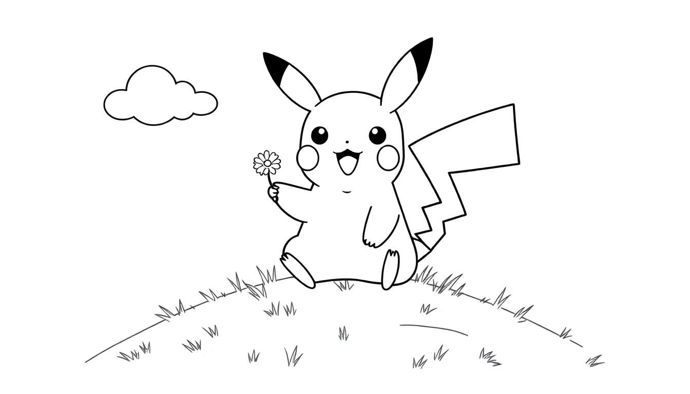 Zwart-wit kleurplaat van Pikachu met een bloem op een heuvel.