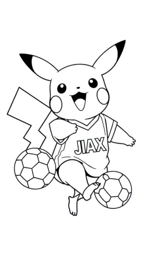 Kleurplaat van Pikachu in een Ajax voetbalshirt, dribbelend met twee ballen.