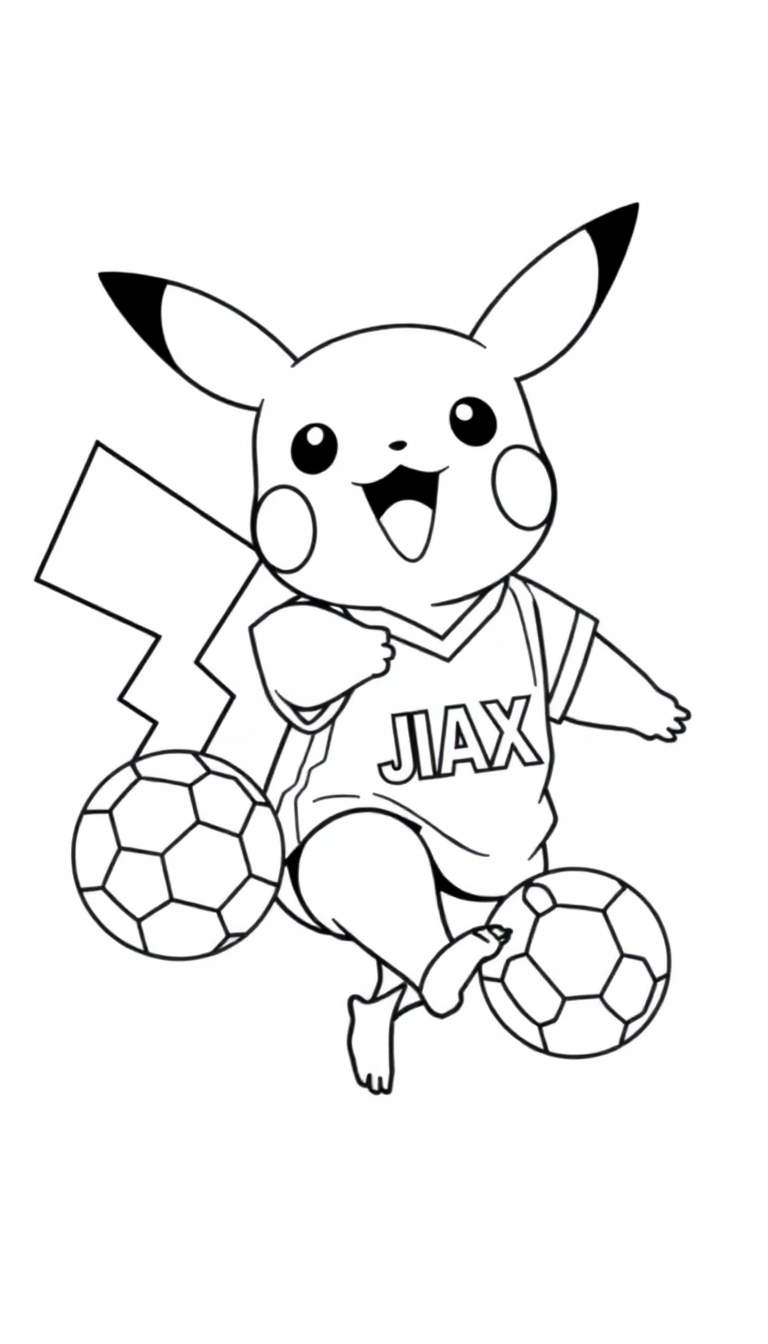 Kleurplaat van Pikachu in een Ajax voetbalshirt, dribbelend met twee ballen.