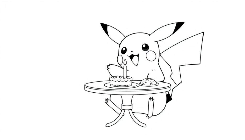 Kleurplaat van Pikachu die aan tafel zit met een taartje en koekjes.