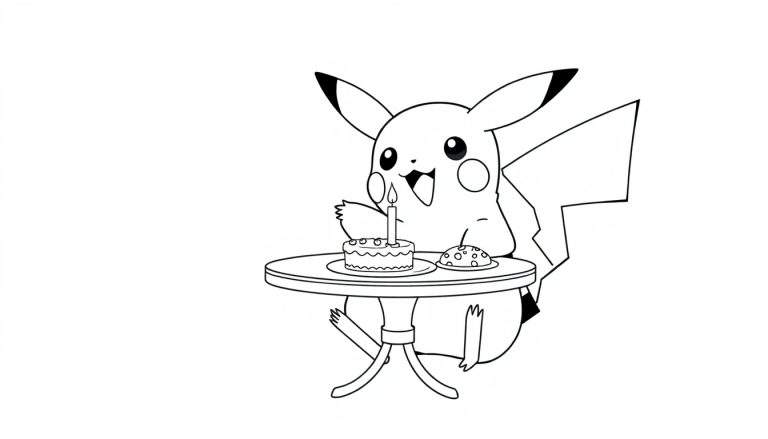 Kleurplaat van Pikachu die aan tafel zit met een taartje en koekjes.