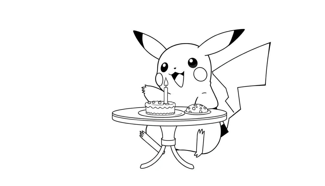 Kleurplaat van Pikachu die aan tafel zit met een taartje en koekjes.