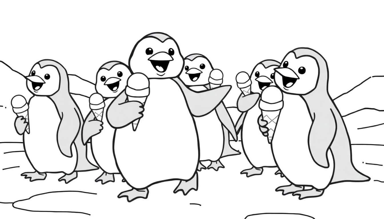 Kleurplaat van zes vrolijke pinguïns met ijshoorntjes in een winterlandschap.