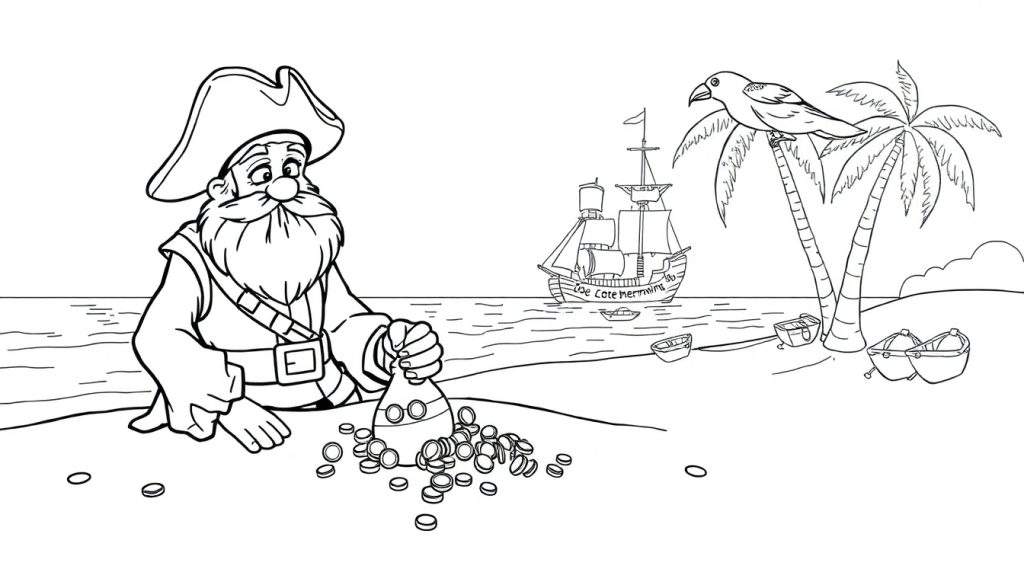 Kleurplaat van een piraat die schatten uitstort op een tropisch strand.