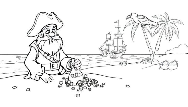 Kleurplaat van een piraat die schatten uitstort op een tropisch strand.