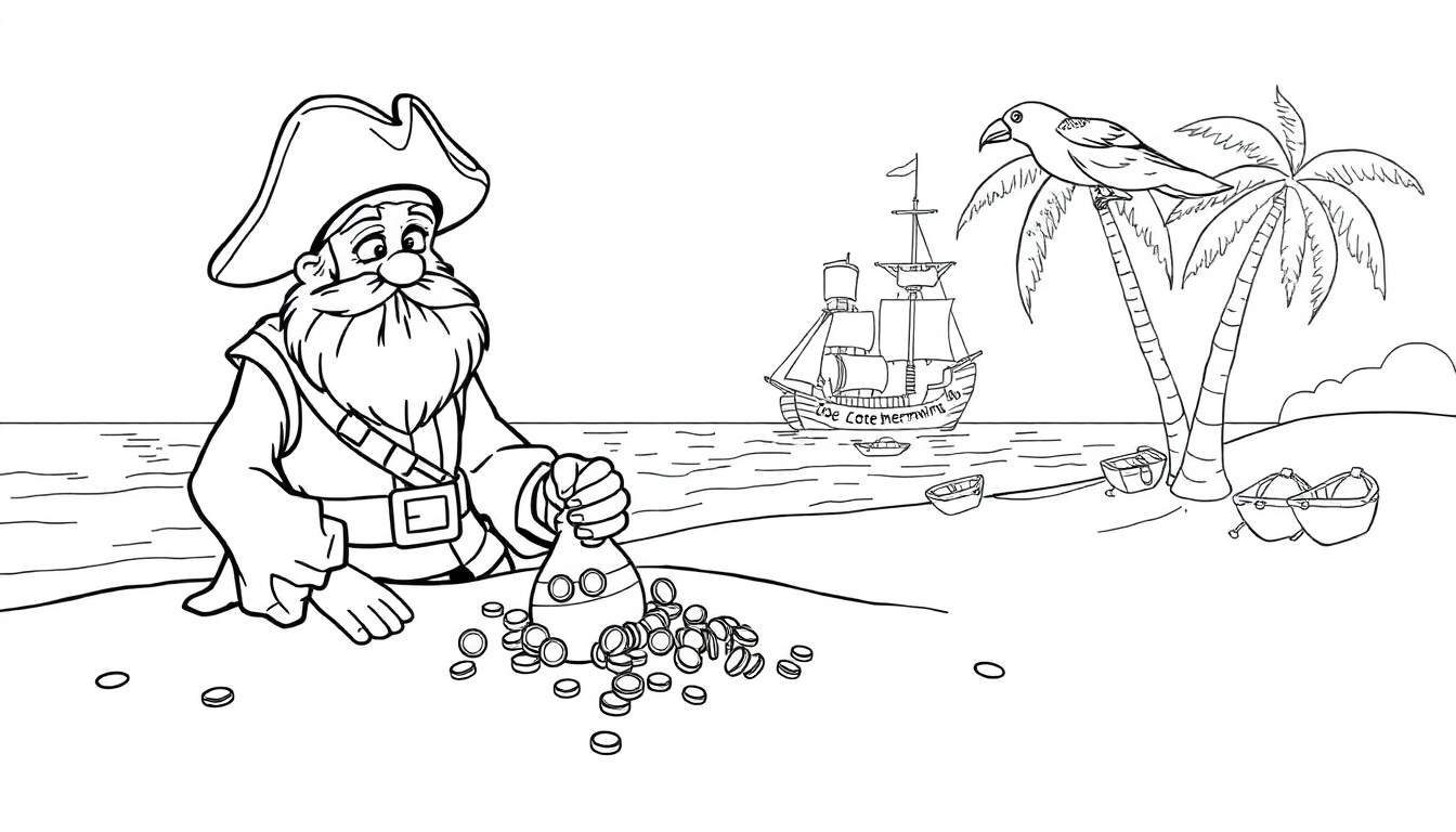 Kleurplaat van een piraat die schatten uitstort op een tropisch strand.