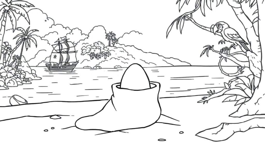 Kleurplaat van een tropisch strand met een laars, een ei, een zeilboot en een papegaai.