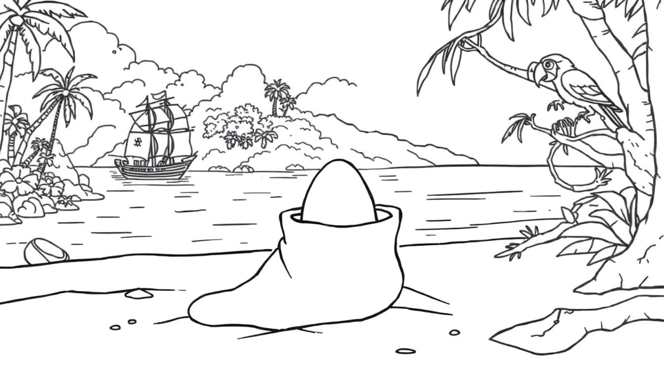 Kleurplaat van een tropisch strand met een laars, een ei, een zeilboot en een papegaai.