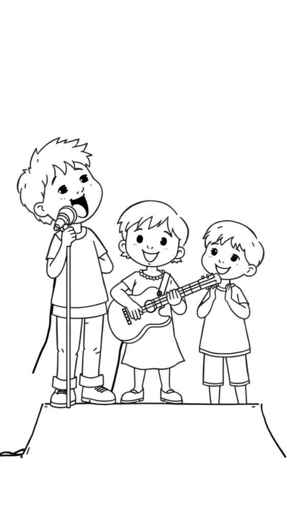 Kleurplaat: Drie kinderen op een podium met een playbackshow.