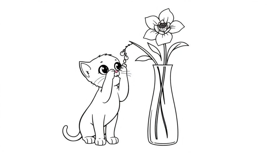 Kleurplaat van een schattig poesje dat een bloem in een vaas probeert aan te raken, met waterdruppels aan de steel.