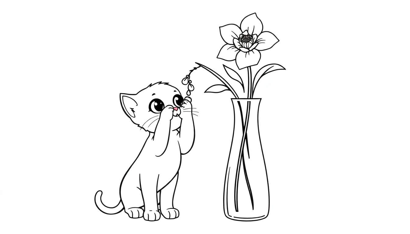 Kleurplaat van een schattig poesje dat een bloem in een vaas probeert aan te raken, met waterdruppels aan de steel.