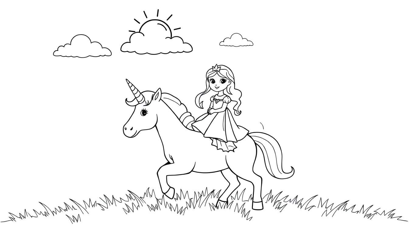 Kleurplaat van een prinses op een eenhoorn onder een zon met wolken.