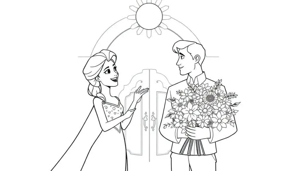 Kleurplaat van een prinses die bloemen ontvangt van haar prins voor een sprookjesachtige deur.