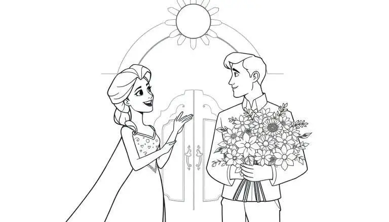 Kleurplaat van een prinses die bloemen ontvangt van haar prins voor een sprookjesachtige deur.