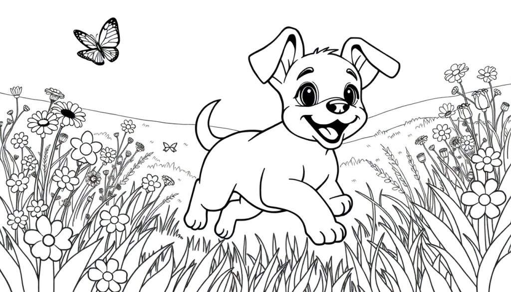 Kleurplaat van een vrolijke puppy die achter een vlinder aan rent in een bloemenveld.