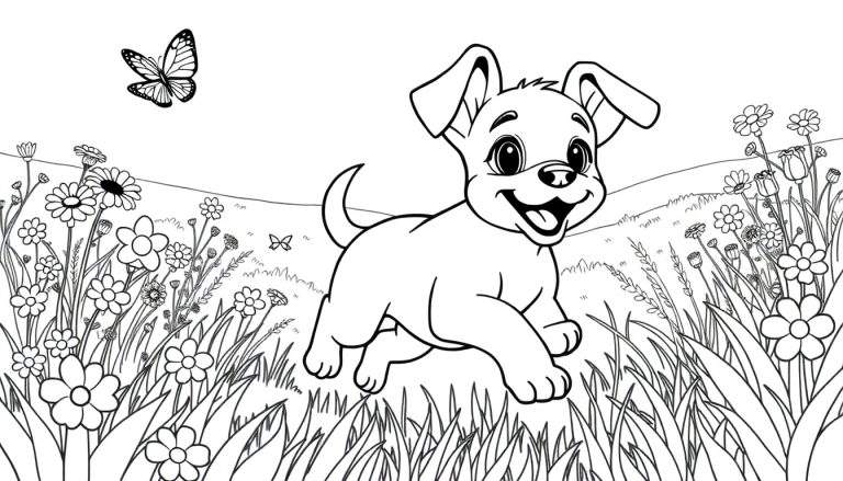 Kleurplaat van een vrolijke puppy die achter een vlinder aan rent in een bloemenveld.