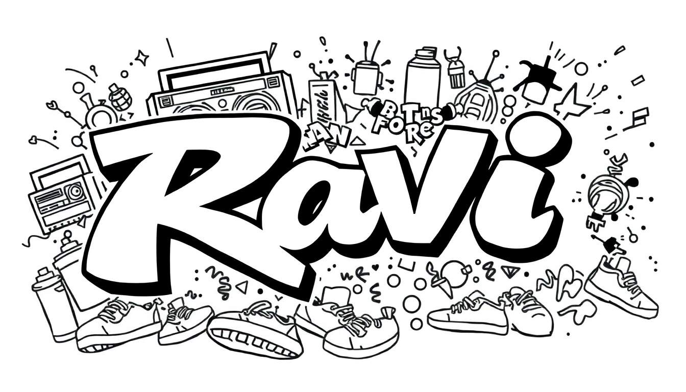 Zwart-wit graffiti-illustratie van de naam Ravi met schoenen, boomboxen en spuitbussen.