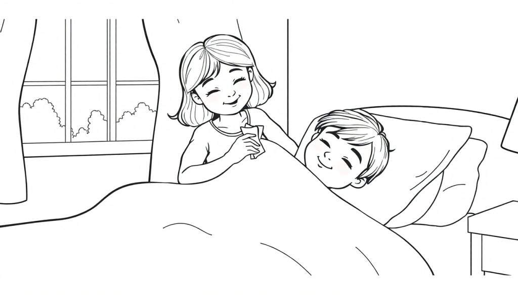 Kleurplaat van Rebecca die haar zieke broertje een briefje geeft.