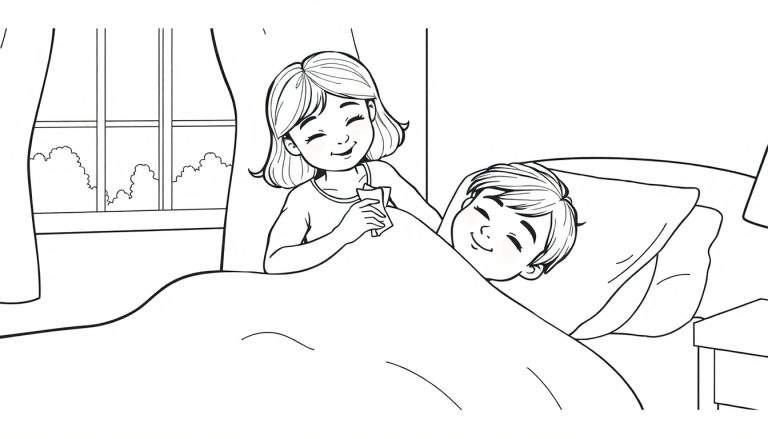 Kleurplaat van Rebecca die haar zieke broertje een briefje geeft.