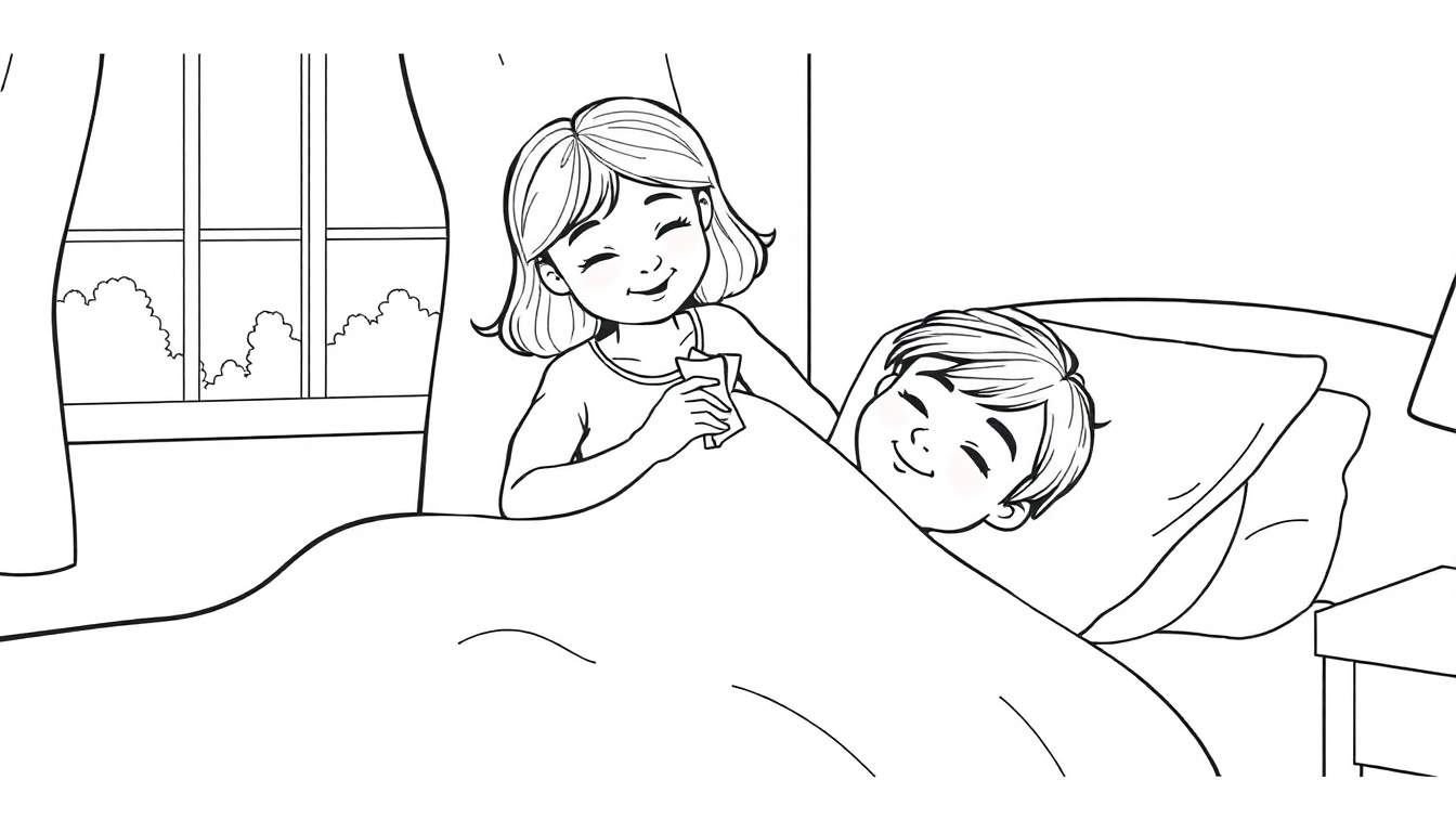 Kleurplaat van Rebecca die haar zieke broertje een briefje geeft.