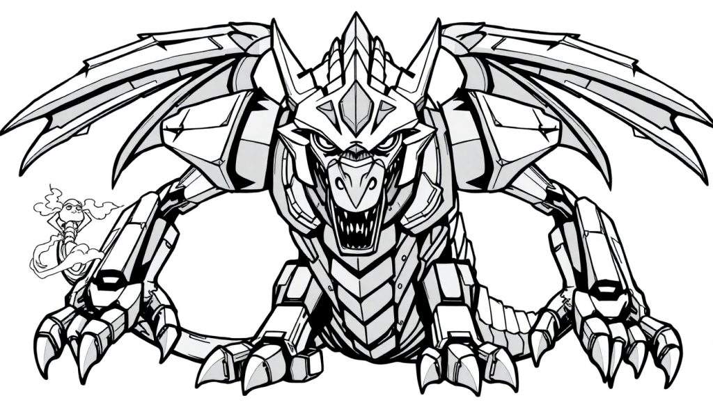 Een zwart-witte kleurplaat van een boze robotdraak met gespreide vleugels en een klein cartoonfiguurtje met rook.